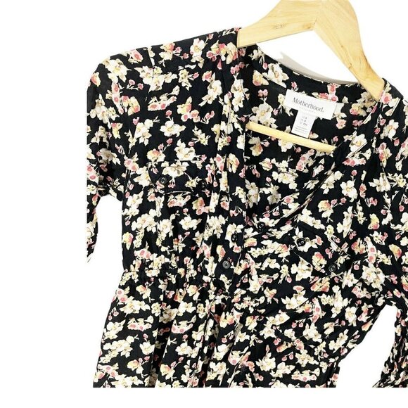 Motherhood Maternity Black Floral Blouse Sz S 3/4 Sleeves Henley Button Front - Picture 4 of 4